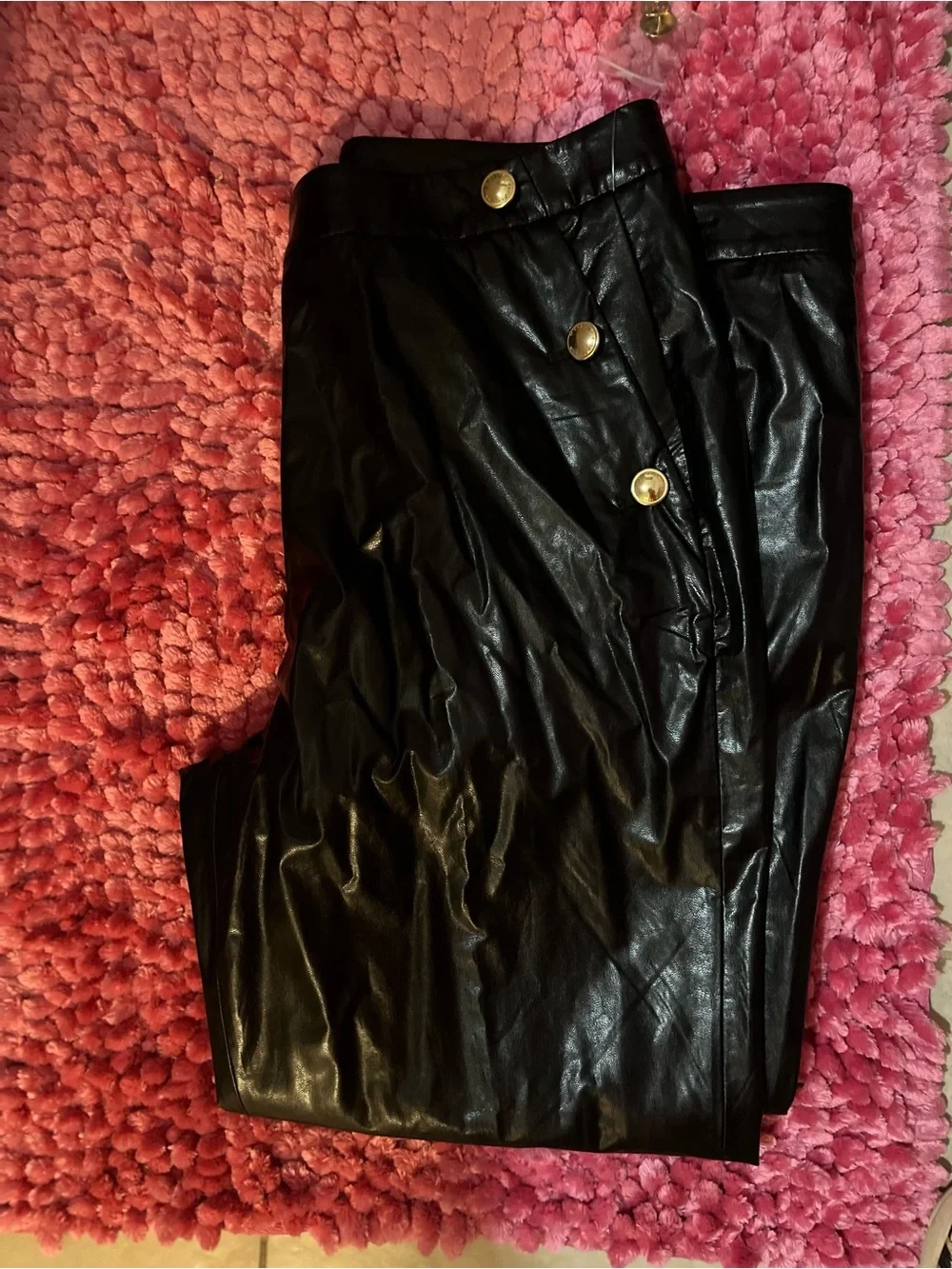 Michael Kors Black Faux Leather High-Waist Pants with Gold Buttons